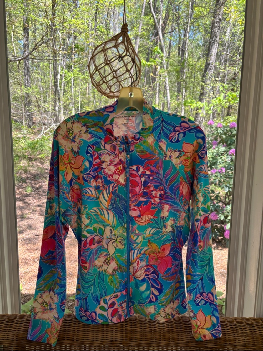 Johnny Was Teal & Pink Tropical Floral Zip Surf Shirt